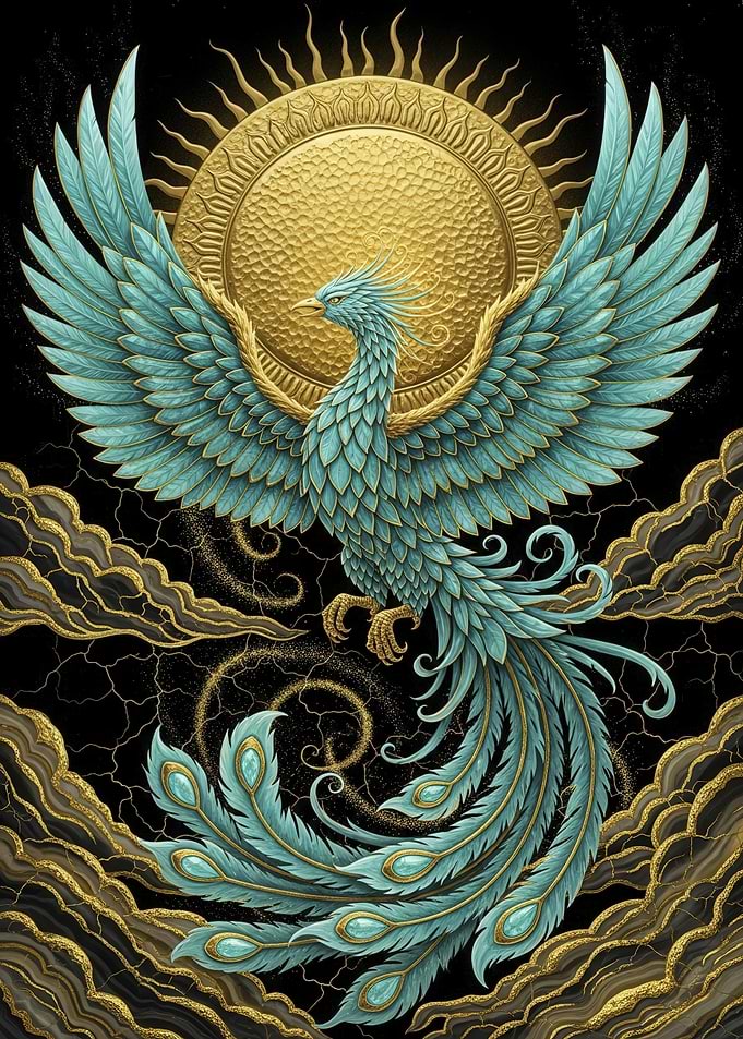 Teal Phoenix with Golden Sun