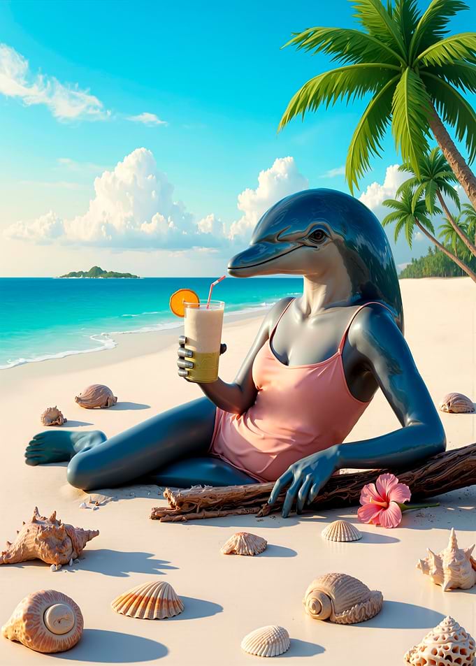 Dolphin humanoid relaxing on beach