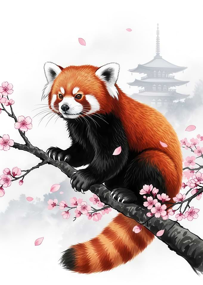 Red Panda with Cherry Blossoms