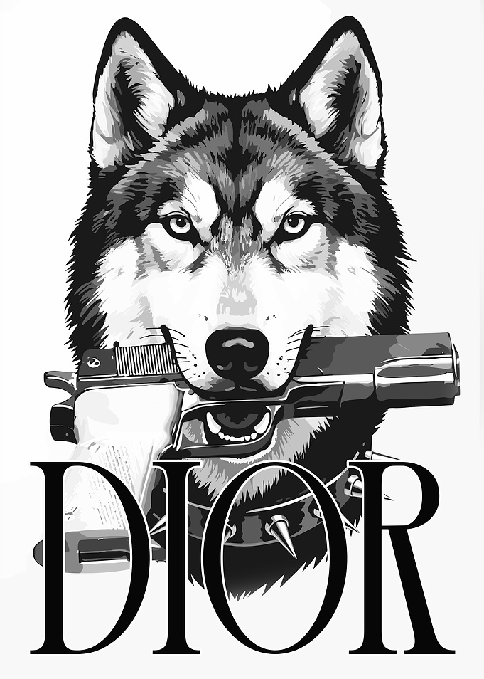 Wolf with Gun and Dior Text