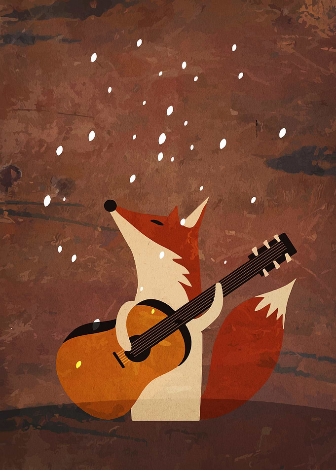 Fox playing guitar in the snow