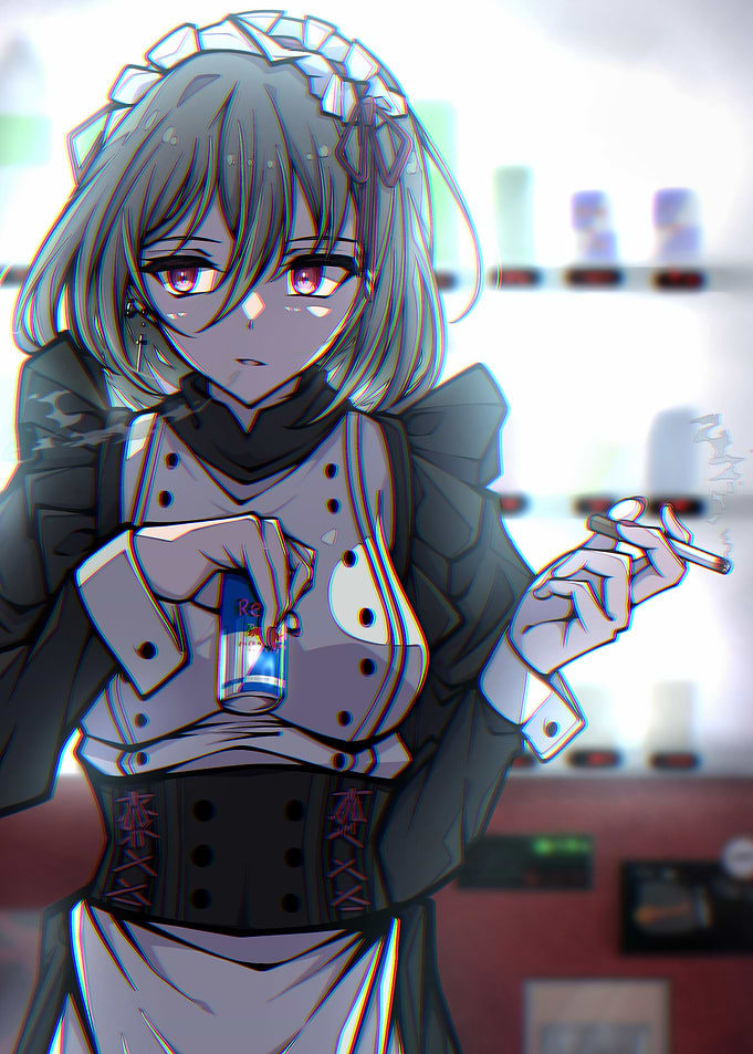Anime Maid with Red Bull and Cigarette