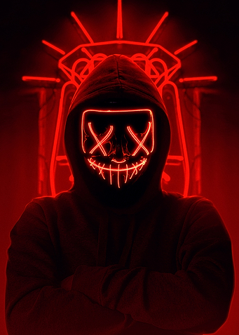 Red Neon Masked Figure in Hoodie