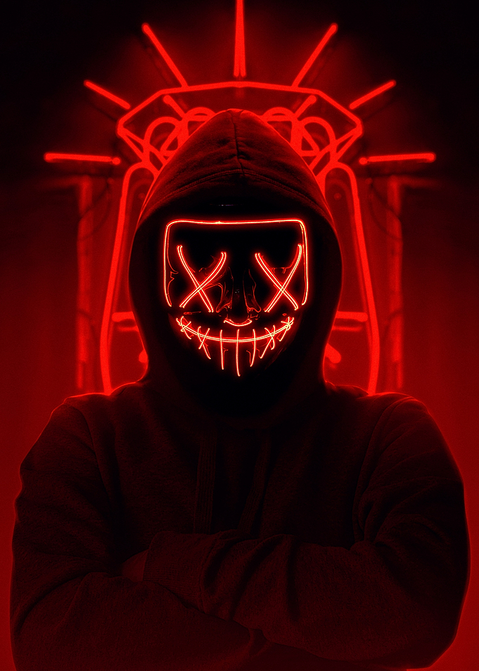 Red Neon Masked Figure in Hoodie