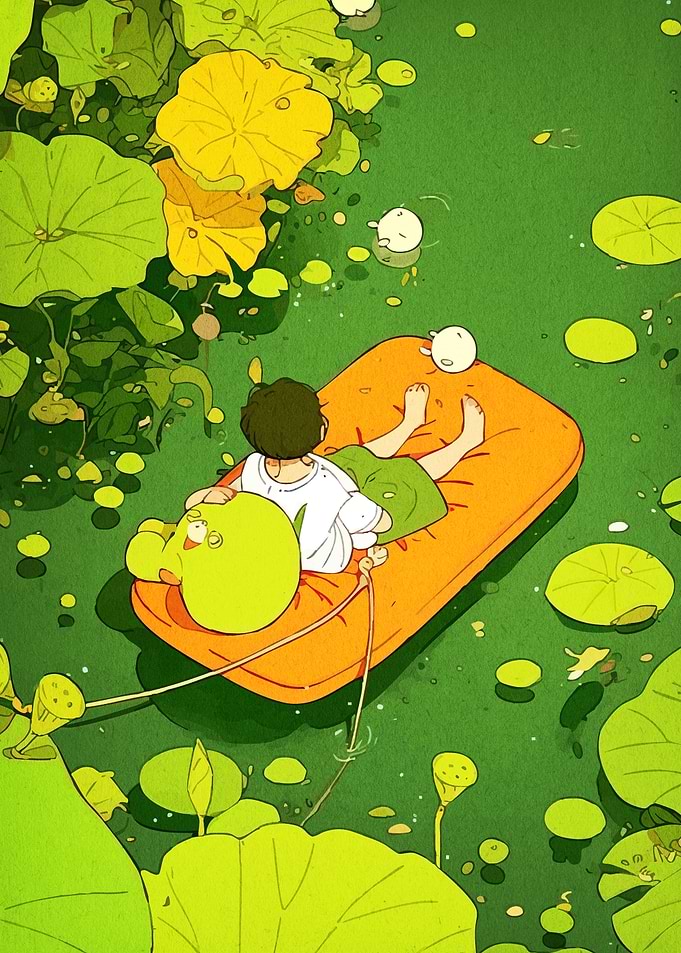 Boy Floating Pond with Lily Pads