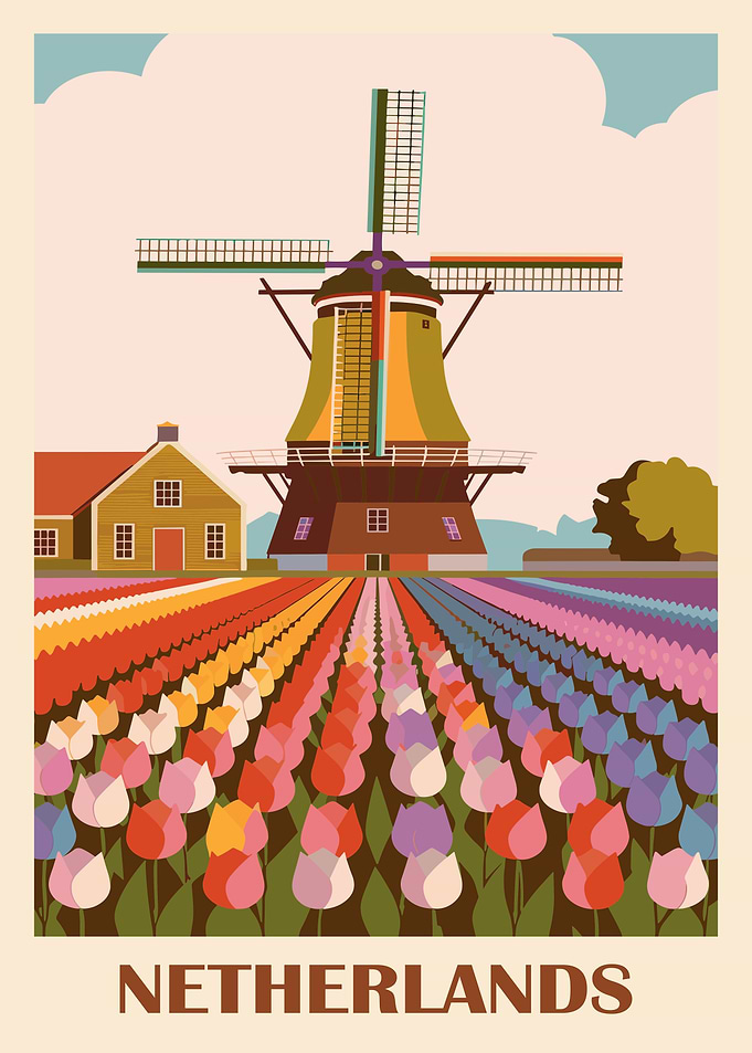 Netherlands Windmill and Tulips Illustration