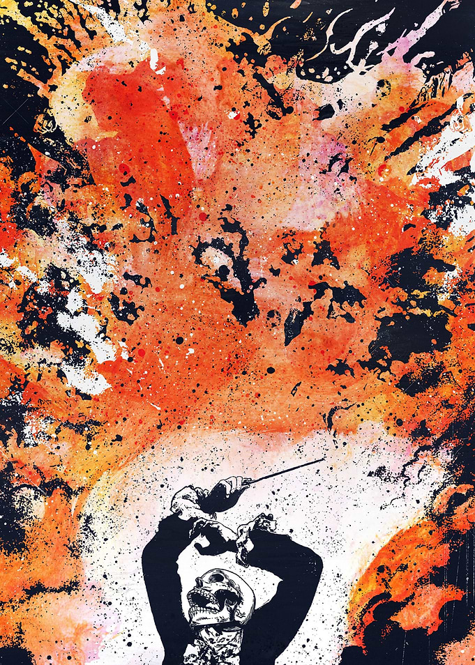 Skeleton Conductor with Fiery Abstract Background