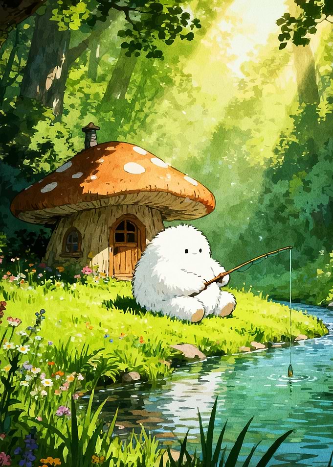 Fluffy Creature Fishing Mushroom House