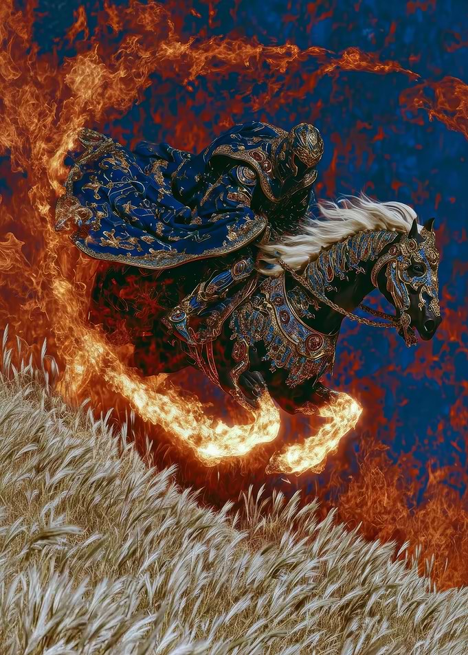 Armored Rider on Horseback Amidst Flames
