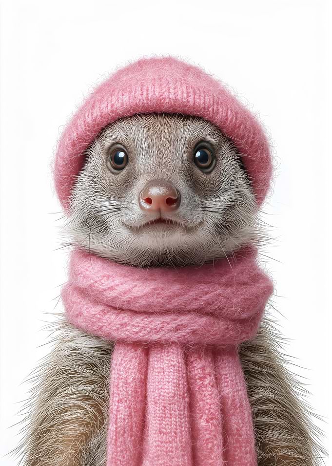 Cozy Mongoose in Pink Hat and Scarf