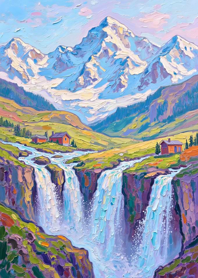 Mountain Waterfall Landscape Painting