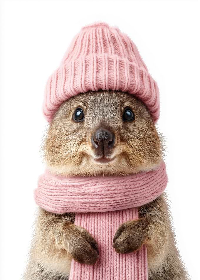 Cozy Quokka in Pink Hat and Scarf