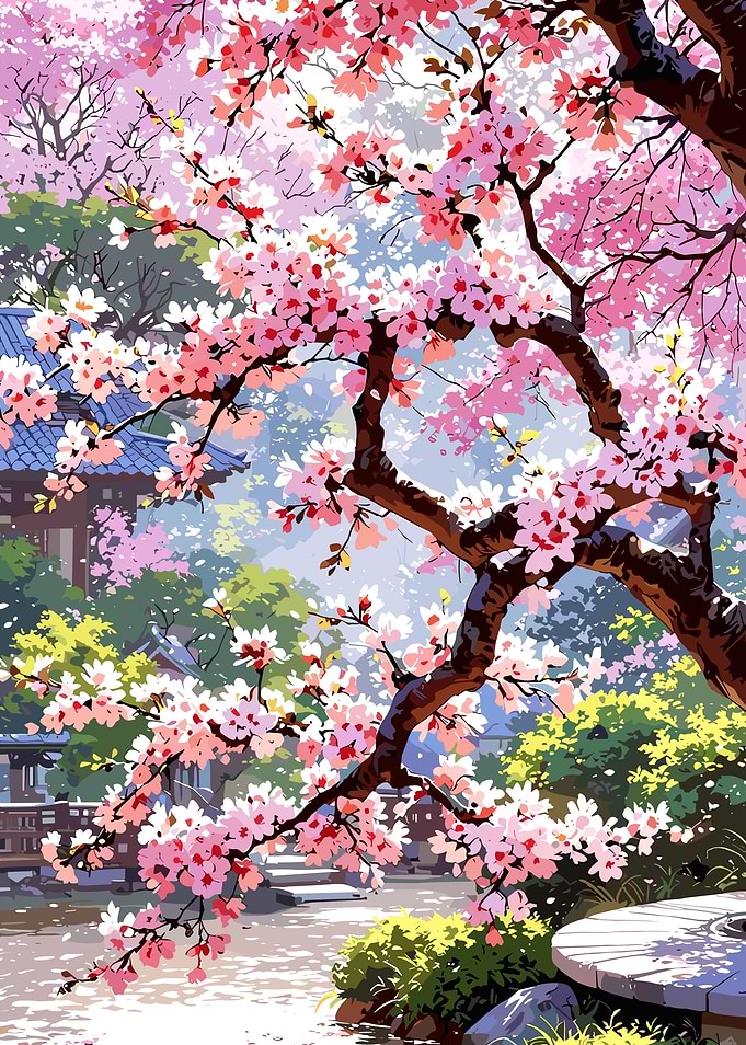 Cherry Blossom Tree in Japanese Garden