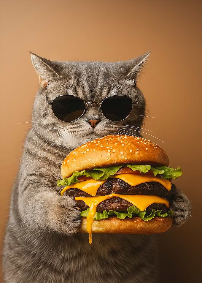 Cool Gray Cat with Burger Cheeseburger