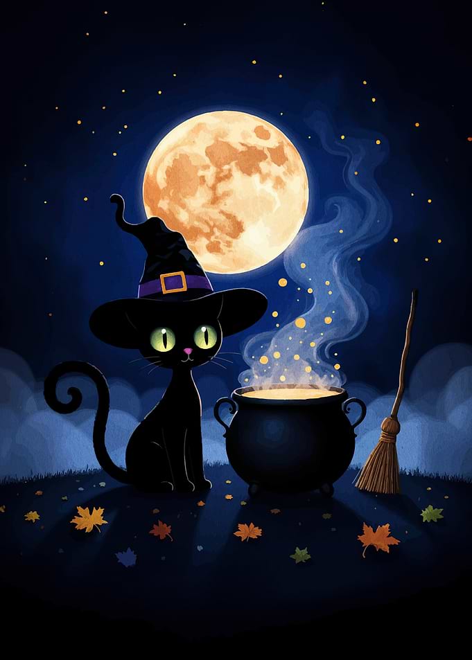 Halloween Cat with Cauldron and Moon