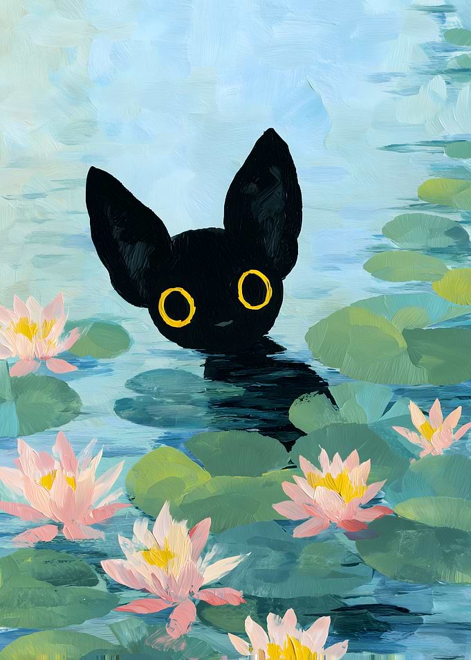 Black Cat in Lily Pond Painting
