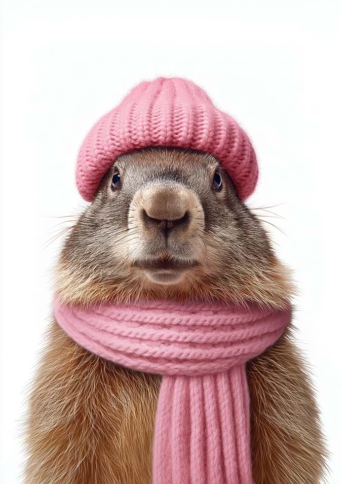 Cozy Marmot in Pink Hat and Scarf