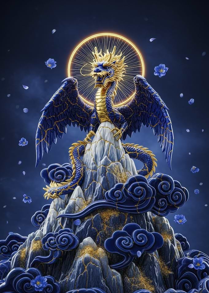 Blue and Gold Dragon on Mountain