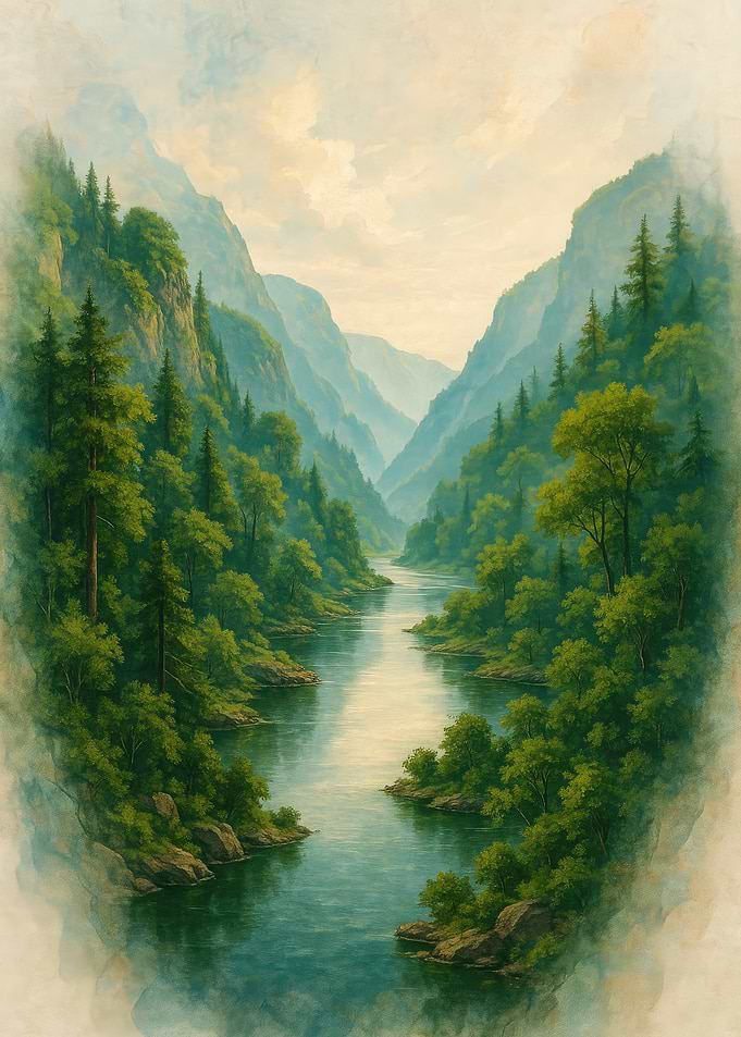 Serene River Through Misty Mountains