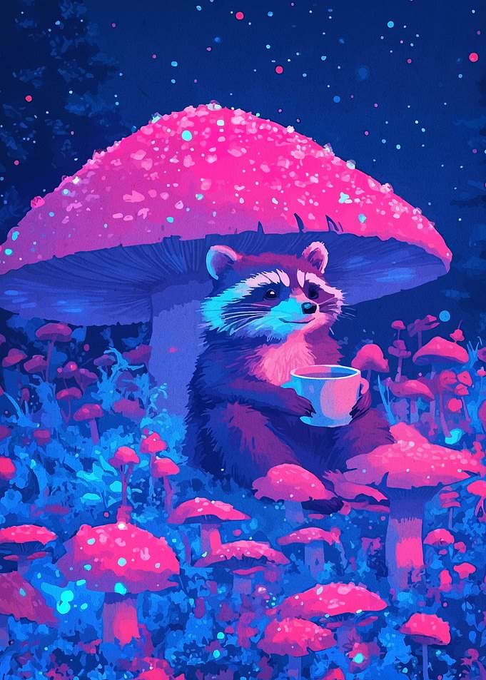 Raccoon Tea Time in Mushroom Forest