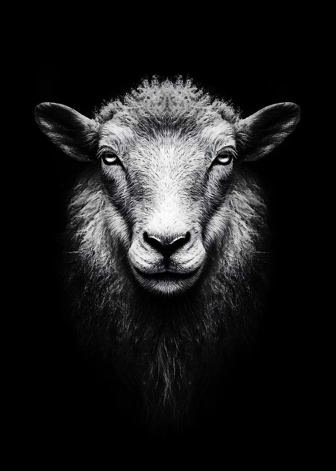 Monochrome Sheep Portrait on Black Background