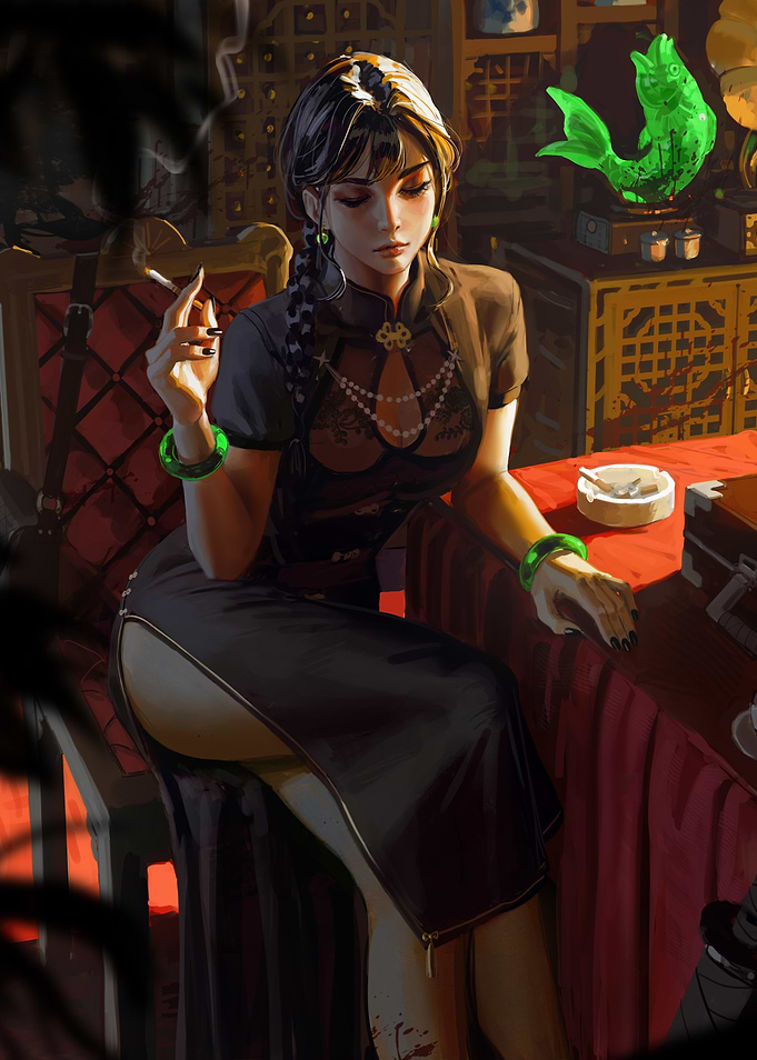 Elegant Woman in Cheongsam Smoking
