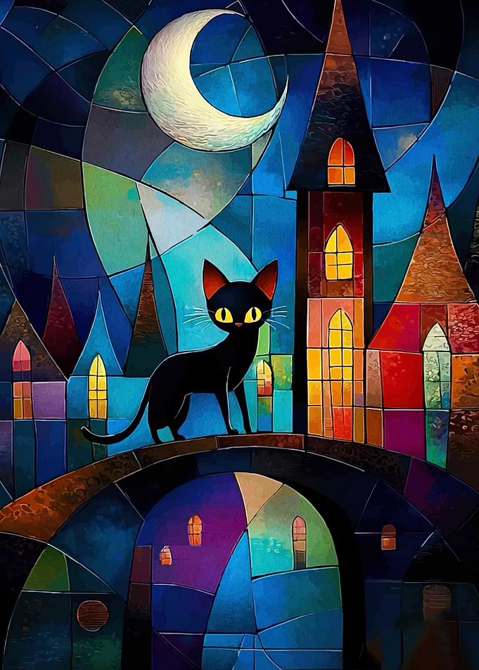 Black Cat on Bridge Under Moon