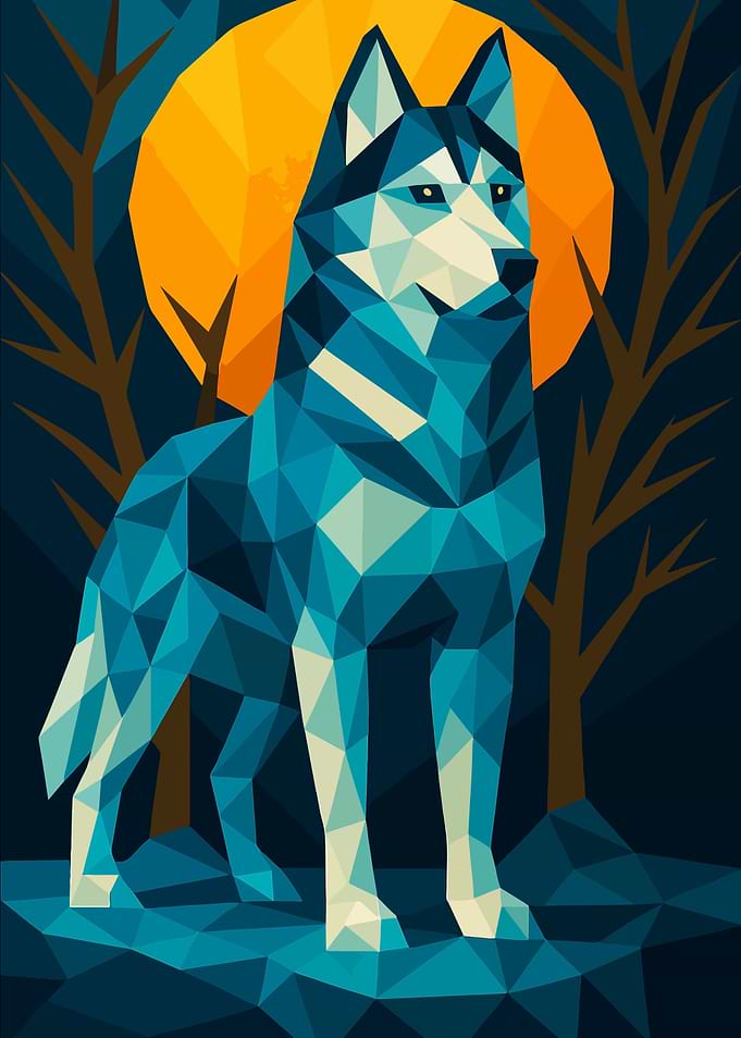 Geometric Wolf Under Moonlit Trees