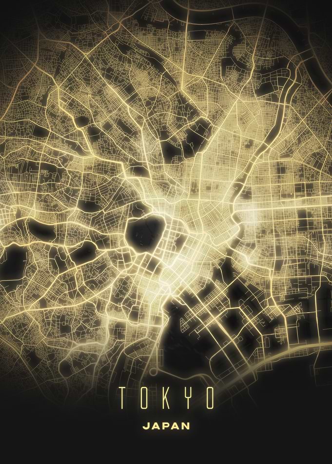 Tokyo, Japan - Glowing Night City Map, Modern Japanese Wall Print