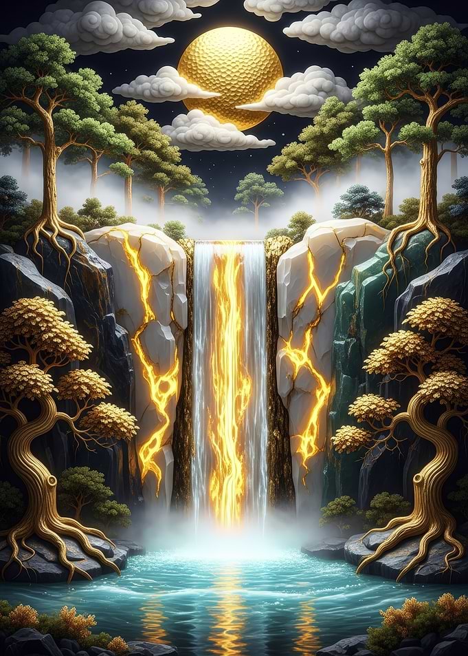 Golden Waterfall Fantasy Landscape