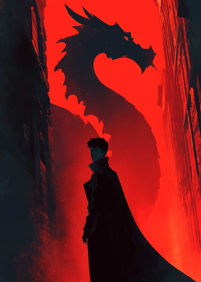 Man, Dragon, and Cityscape Silhouette Art