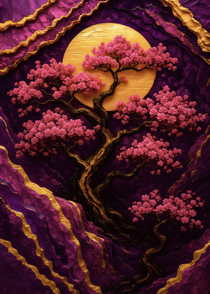 Kintsugi Cherry Blossom Tree with Golden Moon