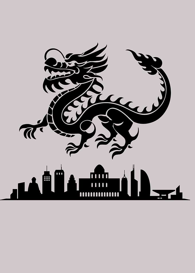 Black Dragon over City Skyline