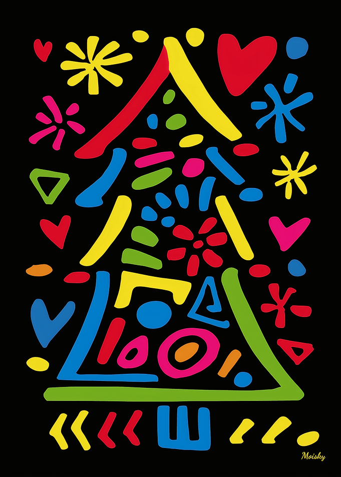 Neon Pop Art Christmas Tree with Playful Doodle Shapes