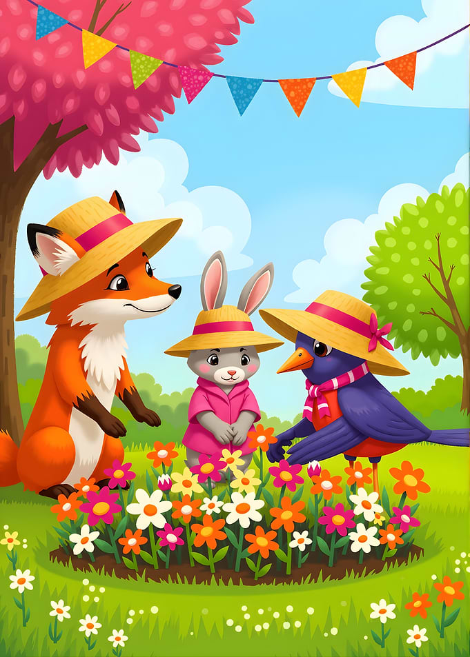 Cartoon Animals in a Flower Garden