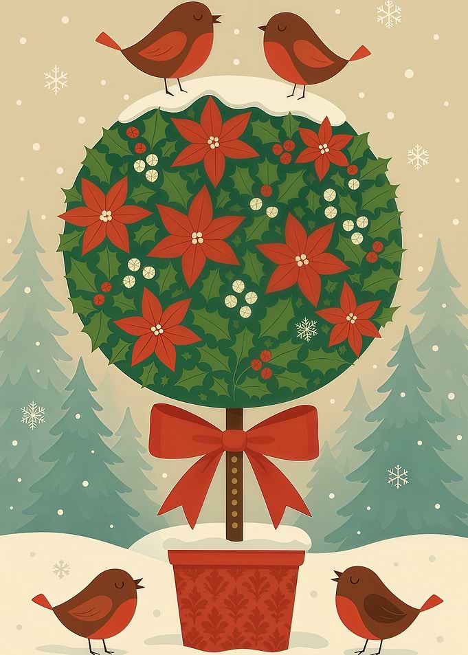 Christmas Topiary with Robins Illustration