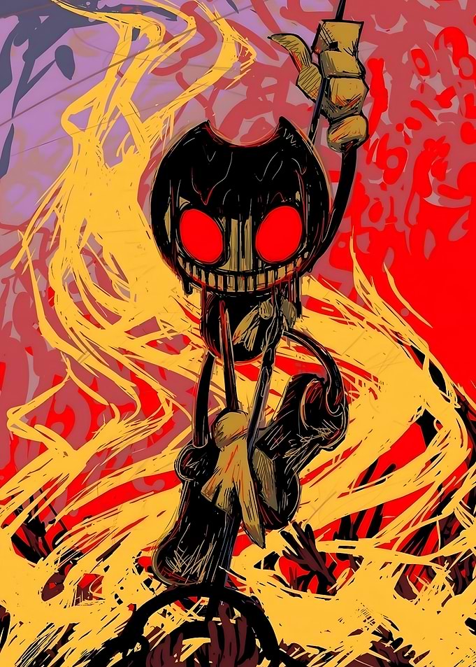 Stylized Bendy Illustration with Fiery Background