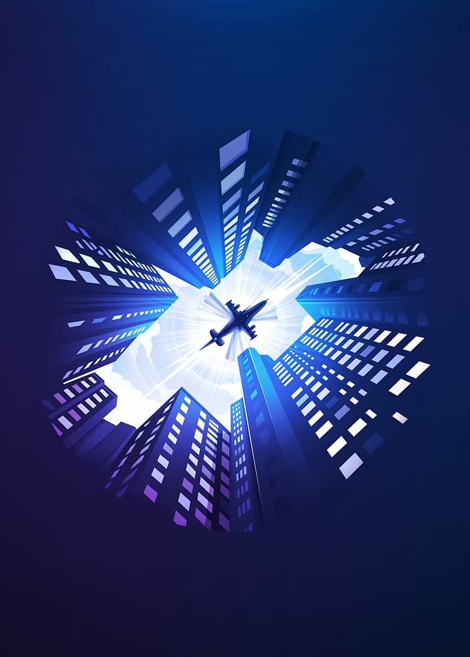 Airplane over City Buildings