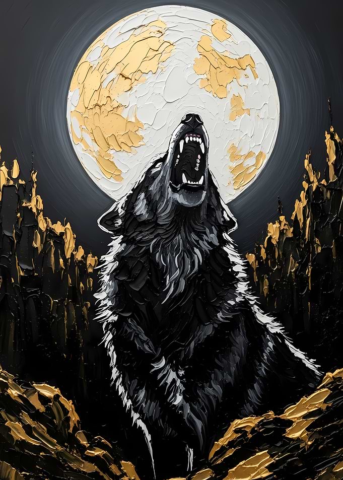 Wolf Howling at the Moon Painting