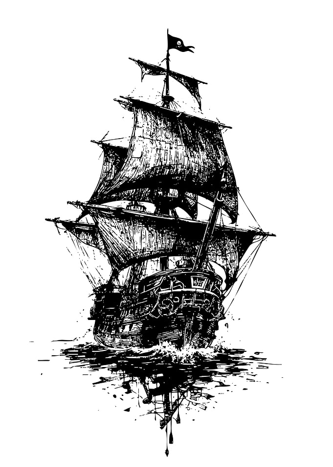 Black and White Pirate Ship Illustration
