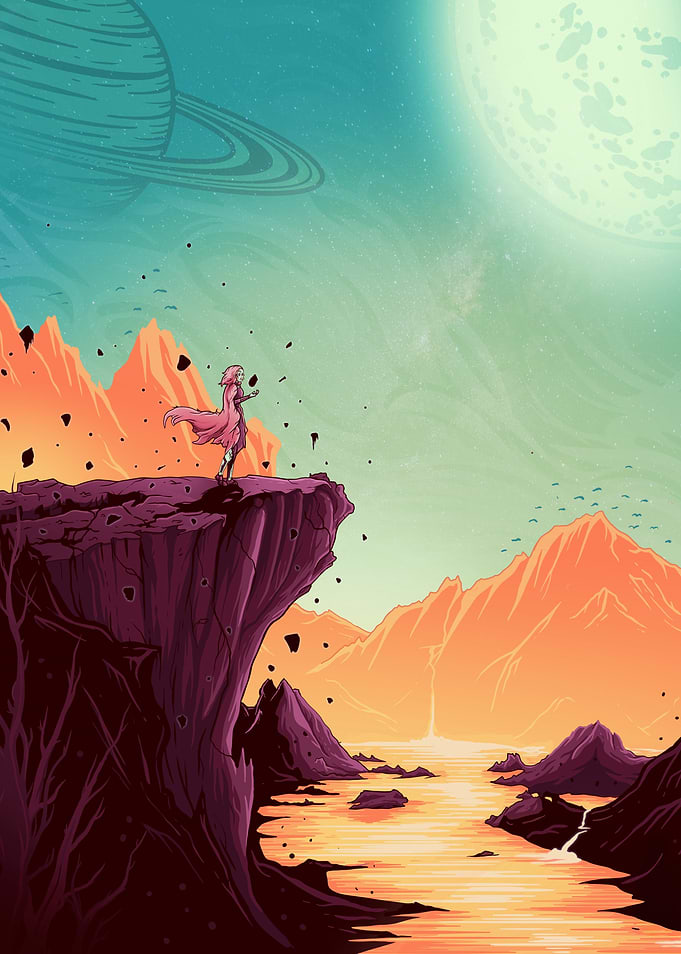 Fantasy Landscape with Figure and Planet