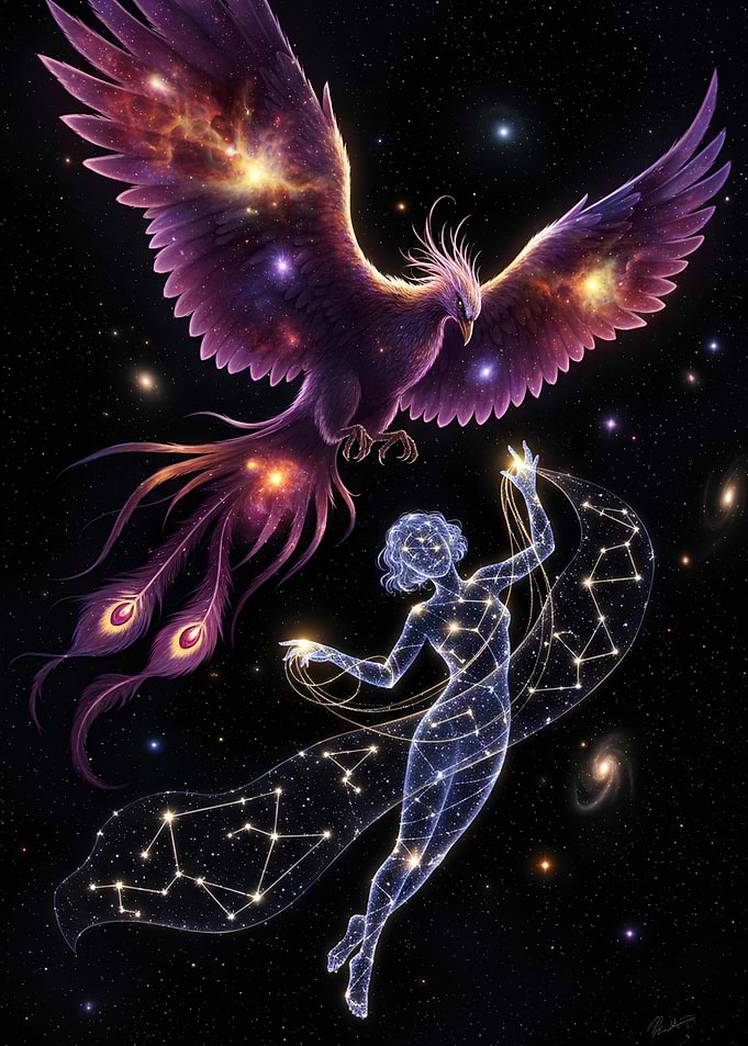 Celestial Phoenix and Constellation Woman Art