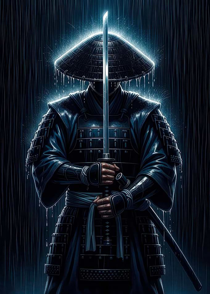 Samurai in Rain with Katana