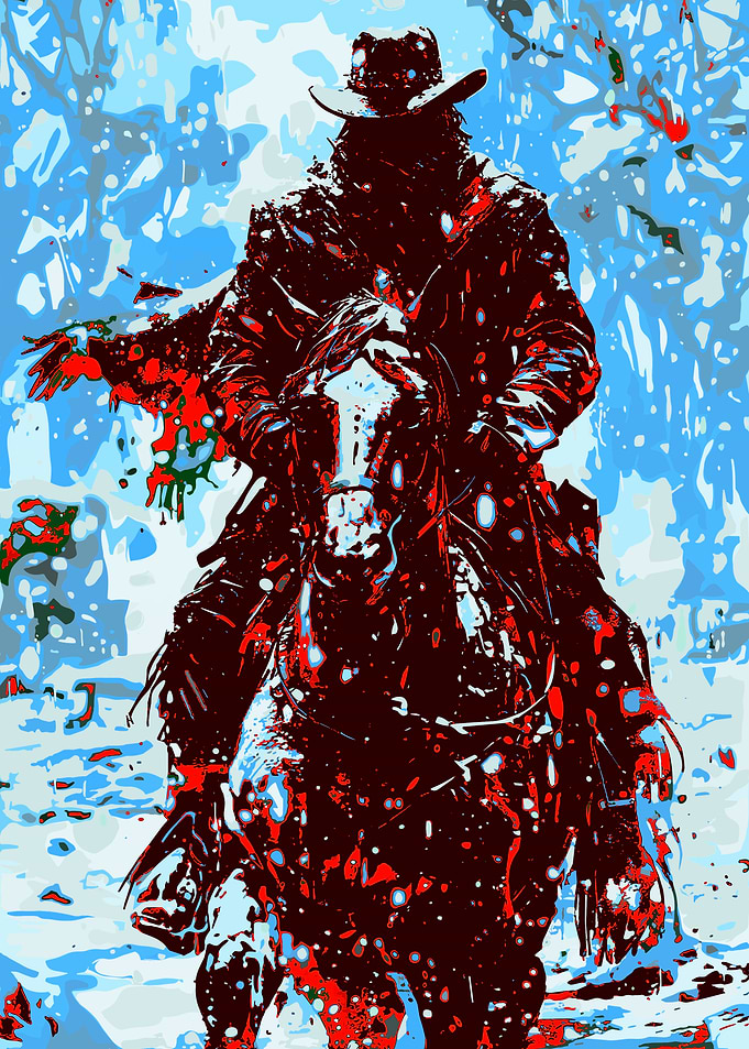 Cowboy on Horse in Winter Landscape