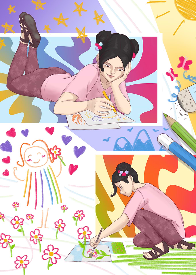 Girl Drawing and Painting Illustration