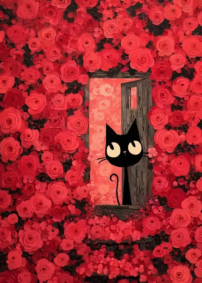 Black Cat in Rose Garden Doorway