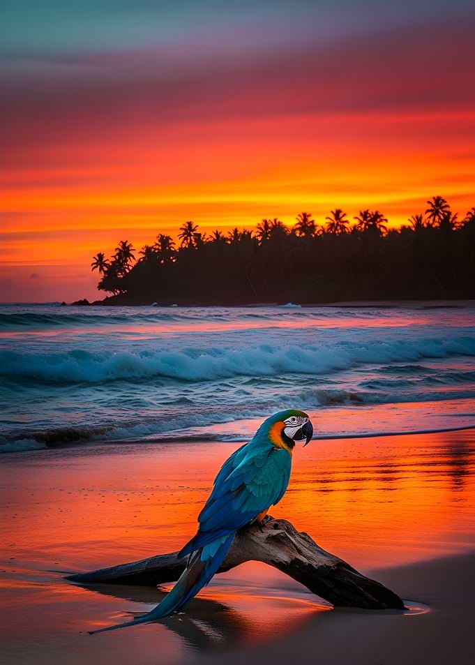 Macaw on Beach at Sunset