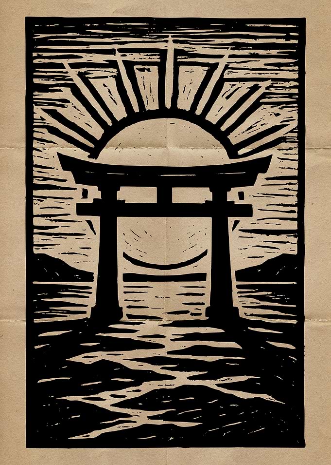 Torii Gate Sunrise Woodcut Print