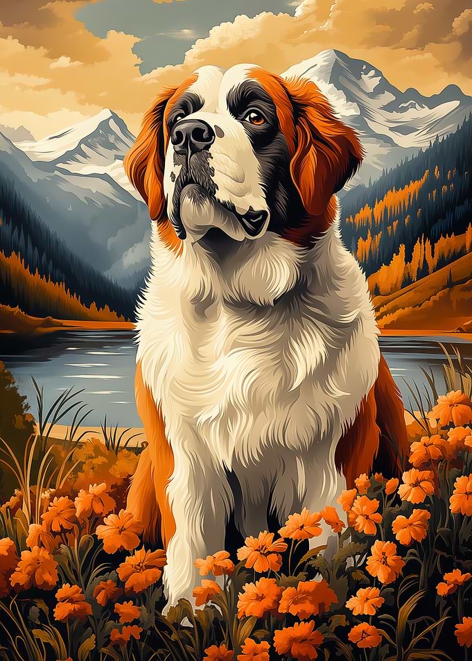 St. Bernard Dog in Mountain Landscape