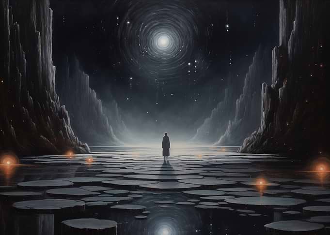 Figure on surreal landscape